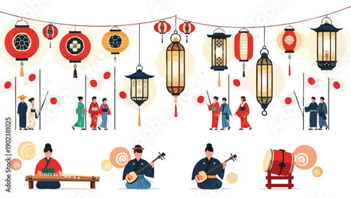 Illustration of traditional Asian lanterns and people with musical instruments on a white background with a festive mood.