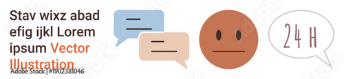Communication, messaging platforms, customer service, 24-hour support, emotions, chat. Neutral face with speech bubbles and 24-hour text. Communication and messaging platforms concept