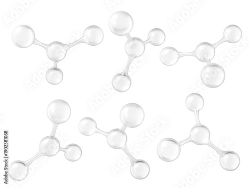 3D molecules or atoms models. 3d abstract molecular structures isolated on white background. Concept of biochemical, pharmaceutical, beauty, medical. Science or medical. Vector illustration
