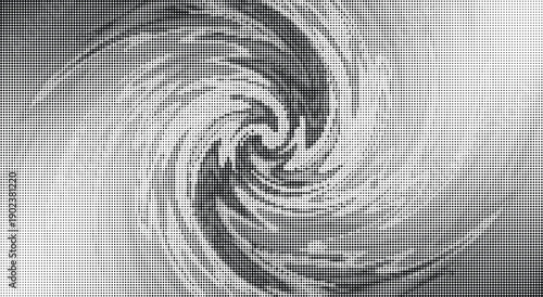 Black and white halftone spiral vortex pattern with swirling motion abstract dots