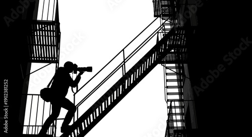 Photographer capturing cityscape from industrial fire escape stairway