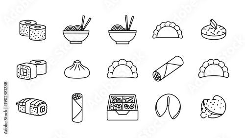 Culinary Harmony: a collection of carefully illustrated line art pieces, showcasing a selection of savory dishes from many Asian cultures. This image is a visual feast.