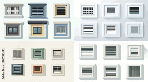 Collection of ventilation grilles and small window facade elements. Architectural exterior details suitable for residential buildings renovation projects and design resources.