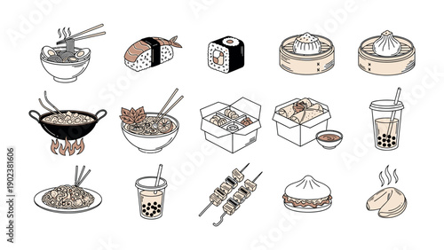 Delicious Asian Cuisine: A mouthwatering illustration of diverse Asian culinary delights, from sushi and noodles to dumplings and bubble tea, inviting a gastronomic journey.