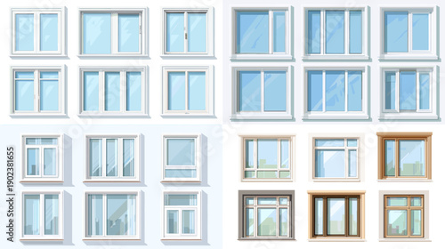 Collection of white residential window illustrations in multiple frame styles. Clean architectural exterior elements ideal for housing design renovation and modern graphic layouts.
