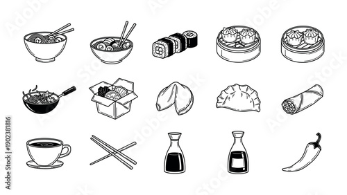 Diverse Asian Cuisine Illustration: A collection of various delicious Asian dishes and ingredients, meticulously illustrated with simple lines.