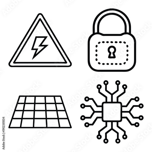 Minimalist Monochrome Line Art Icon Set Featuring Disintegrating Data Blocks, Geometric Grid Networking Nodes, Industrial Factory with Smoke Clouds, and Electronic Component Interface Collage