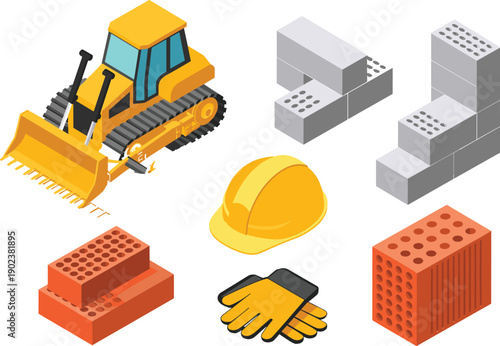 Isometric construction equipment and safety gear vector set with bulldozer bricks helmet gloves for building industry projects