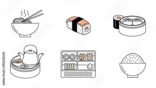 Culinary Harmony: An array of Asian cuisine elements, delicately illustrated in monochromatic tones, offers a glimpse into a world of diverse and delicious food.