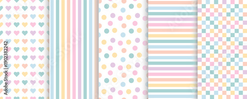 Set of seamless patterns with polka dots hearts stripes and checks. Pastel backgrounds for babies