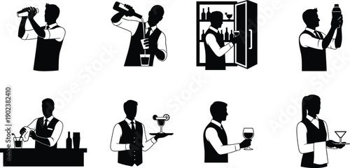 Bartender silhouette icons set showing cocktail mixing serving wine drinks bar service isolated on white background vector illustration design elements