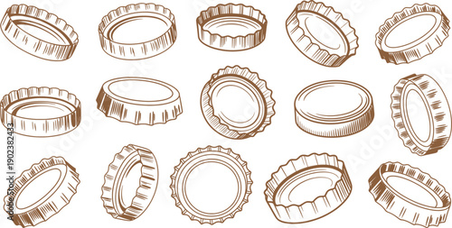 Vintage Bottle Caps Line Art Collection Metal Crown Caps Illustration.