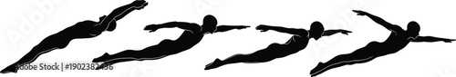 Black silhouette illustration of swimmer performing freestyle stroke sequence in side view representing swimming motion progression isolated on white background