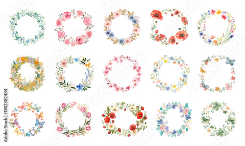 PNG Colorful floral wreaths collection, transparent background