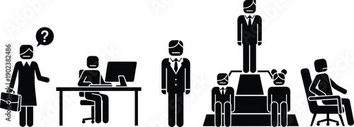 Business hierarchy concept showing employee career progression from entry level office work to leadership management silhouette vector illustration flat design