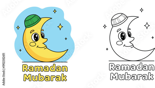 Ramadan Mubarak Greeting with Cute Smiling Crescent Moon Wearing Kufi Hat Cartoon Character Vector Illustration Coloring Book Page and Colorful Design for Islamic Holiday Celebration