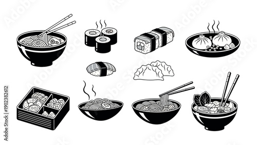 Culinary Illustration of Japanese Dishes: A monochrome illustration showcasing a variety of delicious Japanese culinary delights. The image features a meticulous collection of sushi, ramen, dumplings.