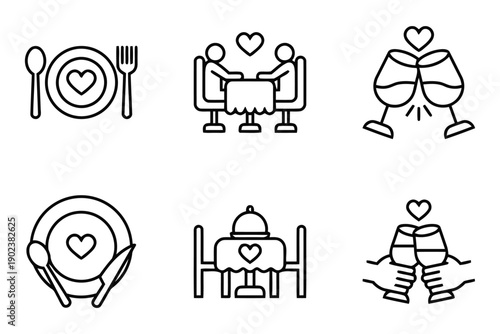 Collection of outline romantic dining icons for couples