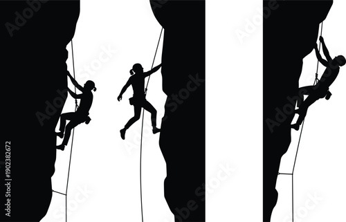 WebBlack Rock Climbing Silhouettes Set Featuring Male And Female Athletes Scaling Steep Cliffs And Vertical Rock Walls For Extreme Sports Adventure And Outdoor Lifestyle Branding