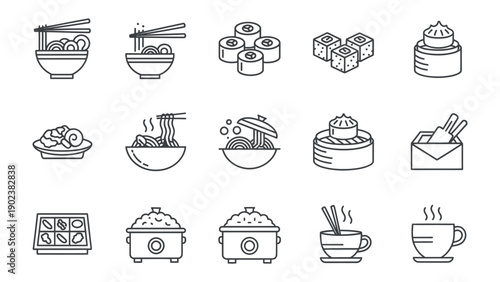 Culinary Illustrations: An array of detailed line illustrations showcases an assortment of delicious Asian cuisine. Noodles, sushi, dumplings, and more come alive in this clean, graphic design.