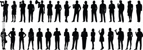 Silhouettes of people in various poses and holding different in black and white standing