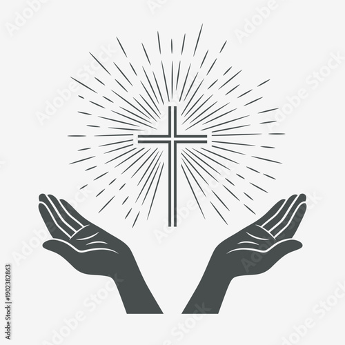 Vector Black and White Open Hands with Cross and Rays. Symbol of Faith and Prayer. Design Template for Church Logo. Prayer, Religion Concept. Monochrome Cut Out Silhouette Icon. Vector Illustration