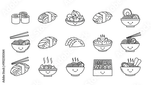 Kawaii Japanese Food Delights: A collection of adorable hand-drawn illustrations featuring a variety of popular Japanese cuisine items, each with a charming smile.