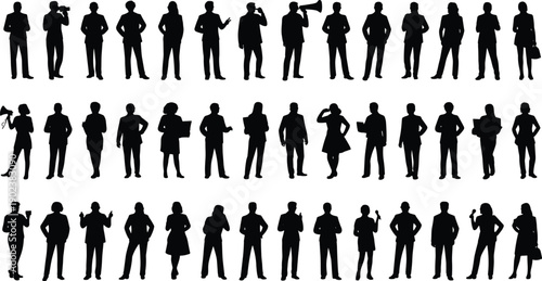 Silhouettes of people in various poses and holding different against a white background megaphone