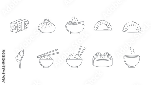 Culinary Delights in Sketch: A collection of exquisite line-art illustrations showcasing the enticing world of culinary delicacies, embodying the essence of Asian gastronomy.