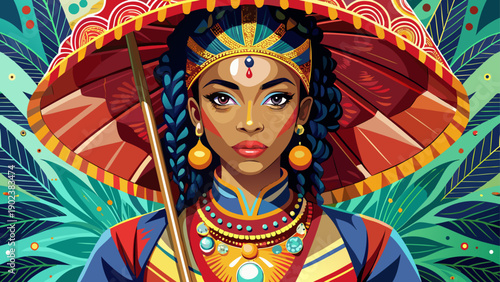 Very beautiful close-up portrait of a woman wearing vibrant traditional clothing, holding an ornamental umbrella against an abstract collage background symbolizing African cultural identity and artist