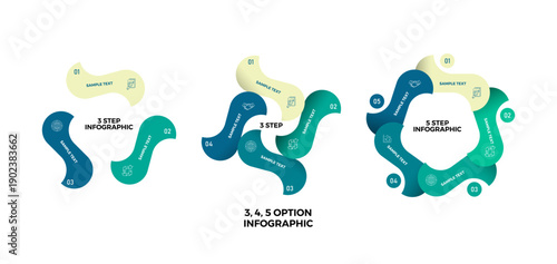 Venn diagram infographic set with circular 3, 4, and 5 step options for business presentations, annual presentations, web presentations, and posters. Infographic set. Vector EPS