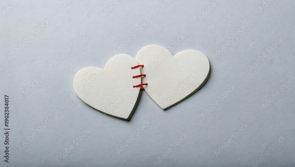 Fototapeta premium Reconnected Hearts Sewn with Red Thread
