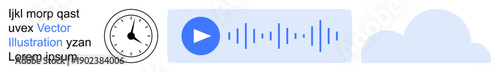 Time tracking, audio technology, cloud storage, data organization, multimedia tools, digital solutions. A clock, play button with waveform and cloud graphic elements. Time tracking and audio