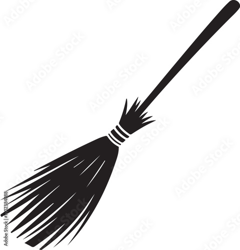 Black Broom with Straw Bristles on White Background