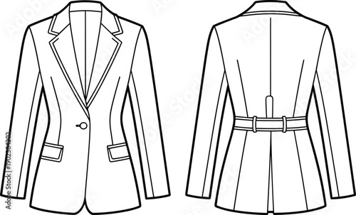 Women's tailored blazer jacket vector technical flat sketches, front and back views, fashion template for apparel design, sewing patterns, and garment production