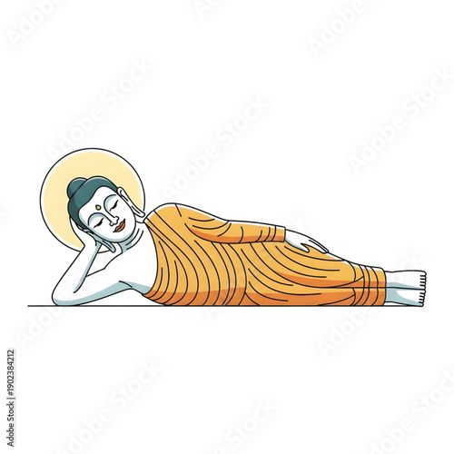 Serene illustration of the Reclining Buddha, symbolizing peace and spiritual enlightenment, ideal for celebrating Buddha Purnima with reverence and tranquility