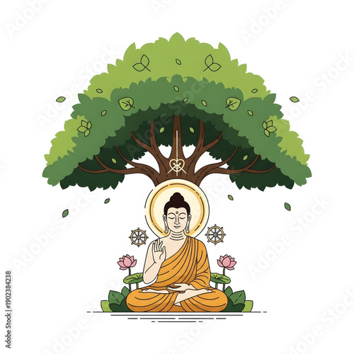 Celebrating Buddha Purnima with a peaceful illustration of the enlightened one meditating beneath the ancient Bodhi tree, surrounded by lotus blooms