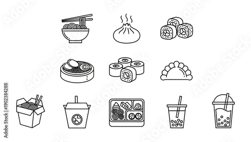 Culinary Collection of Asian Delights: An array of meticulously drawn line art illustrations showcases a variety of beloved Asian food staples, from noodles and sushi to dumplings and bento boxes.