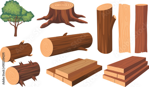 Wood logs, planks and tree stump vector set, forestry and timber processing illustrations for carpentry, woodworking, lumber industry, and construction design