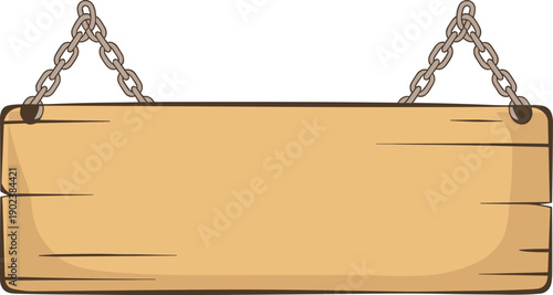 Wooden hanging signboard blank template vector illustration, rustic wood plank sign with metal chains for shop signage and announcements