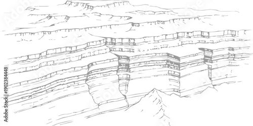 Detailed line art illustration of layered rock formations and geological strata, representing natural landscape and earth science