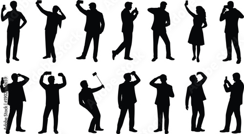 Silhouettes of people taking selfies and with smartphones in various poses