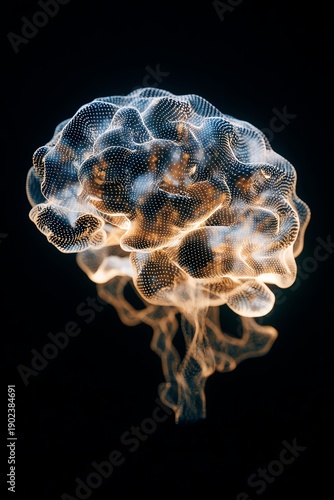 An abstract representation of a brain composed of soft, flowing light patterns, symbolizing creativity and thought processes.