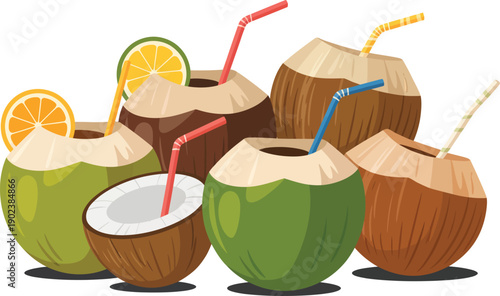 Assorted fresh coconuts and tropical drinks with colorful striped straws and orange slices background