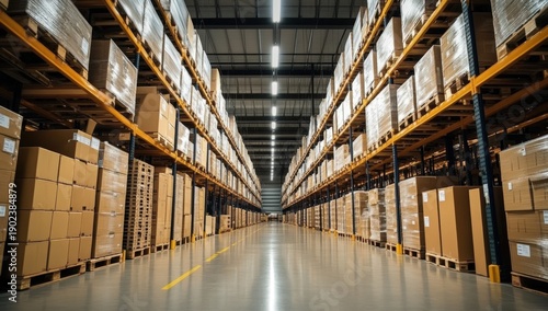 Spacious warehouse interior with organized shelves stacked with cardboard boxes, industrial storage area emphasizing logistics and supply chain management