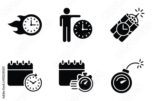 Collection of time related icons including clocks, calendars, and bomb