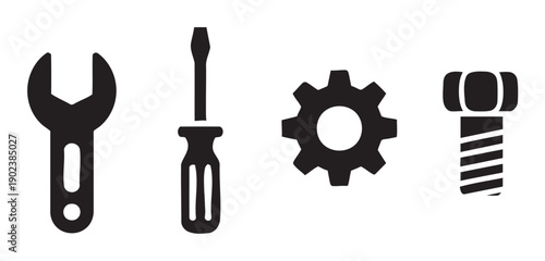 Collection of tools icons including wrench, screwdriver, gear and bolt