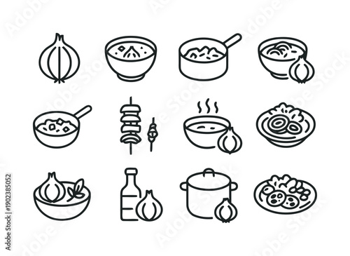 Collection of twelve food icons representing onions, soup, kebabs and dishes