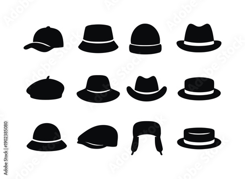 Collection of twelve various hat icons for fashion, style, and accessories