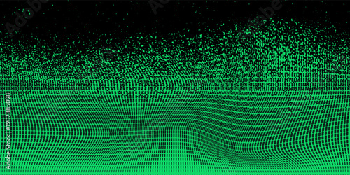 Abstract digital artwork featuring a dense halftone grid pattern fading into scattered pixel noise, vibrant neon green dots on a deep black background.